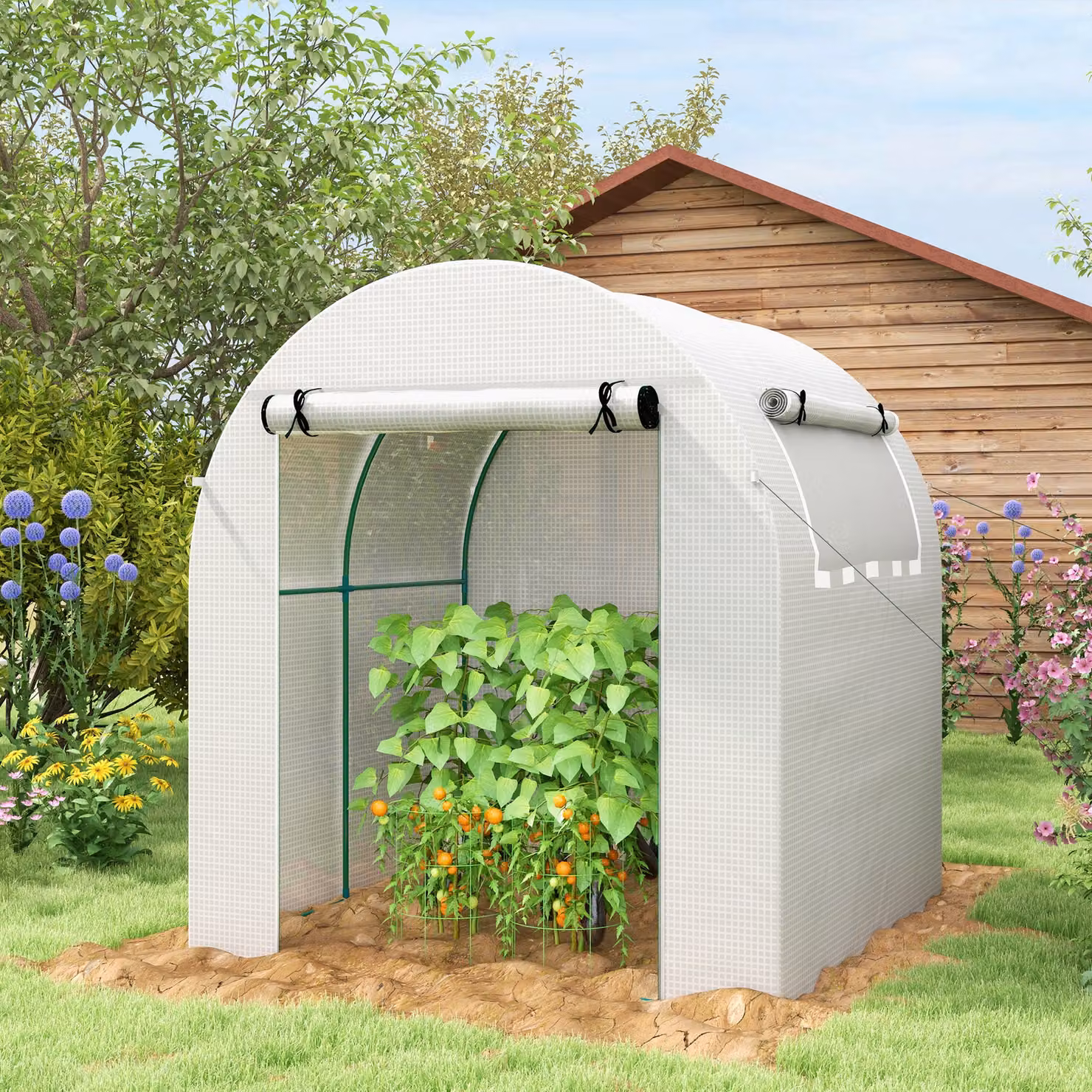 Outsunny Serra portatile con porta e finestra a rullo, telaio in acciaio e copertura in plastica bianca, L/P/H: 180 x 180 x 200 cm – 2