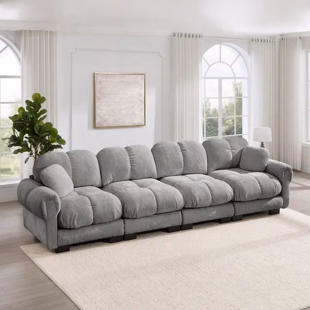 Divano modulare 330x86x90 cm con cuscini trapuntati in ciniglia grigio chiaro