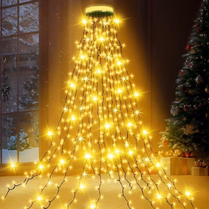 Catena luminosa a LED, 12 metri di lunghezza, 300 LED bianco caldo, grado di protezione IP44, 8 modalità