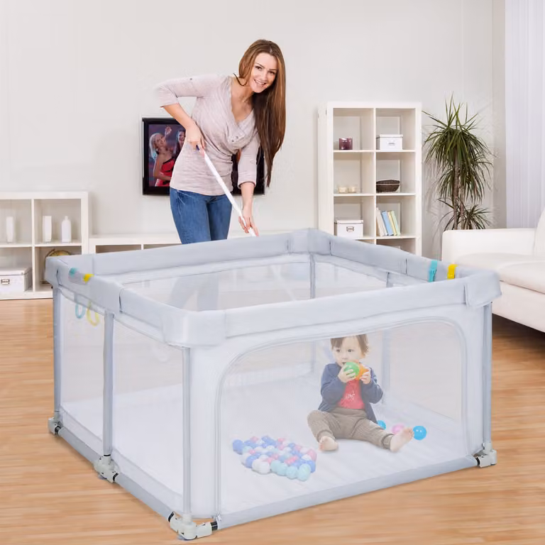 Costway Recinto per bambini pieghevole con pareti in rete traspirante e ventose antiscivolo Grigio chiaro
