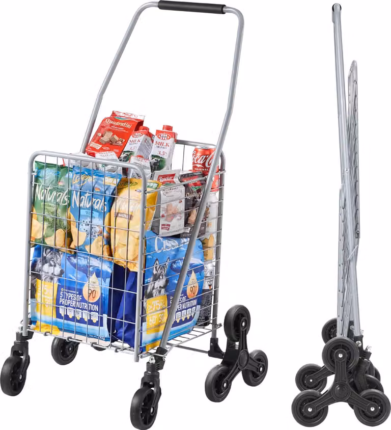 SucceBuy carrello per la spesa, 45 l Carrello saliscale per la spesa con ruote girevoli a 360°. Carrello multiuso con tre ruote. Pieghevole, pieghevole, leggero per il bucato e i viaggi. Colore argento