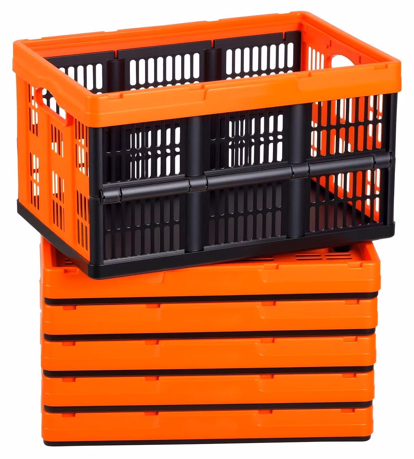Scatole pieghevoli e ribaltabili da 45 L - Confezione da 6 - Impilabili - In plastica - Con manici - Salvaspazio - Portata 15 kg per scatola - Arancione-Nero