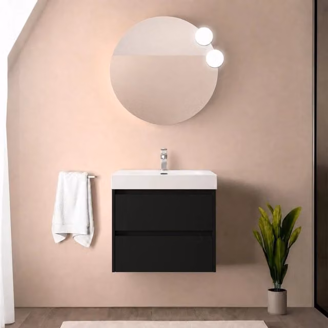 Mobile bagno sospeso 70 cm nero satinato con due cassetti e lavabo in resina Gaya