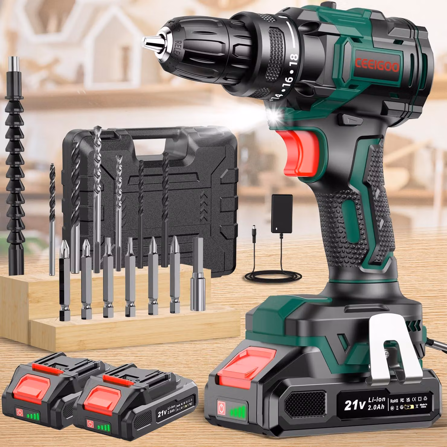 Trapano a batteria senza spazzole, 21 V, 42 Nm, con 2 batterie da 2,0 Ah