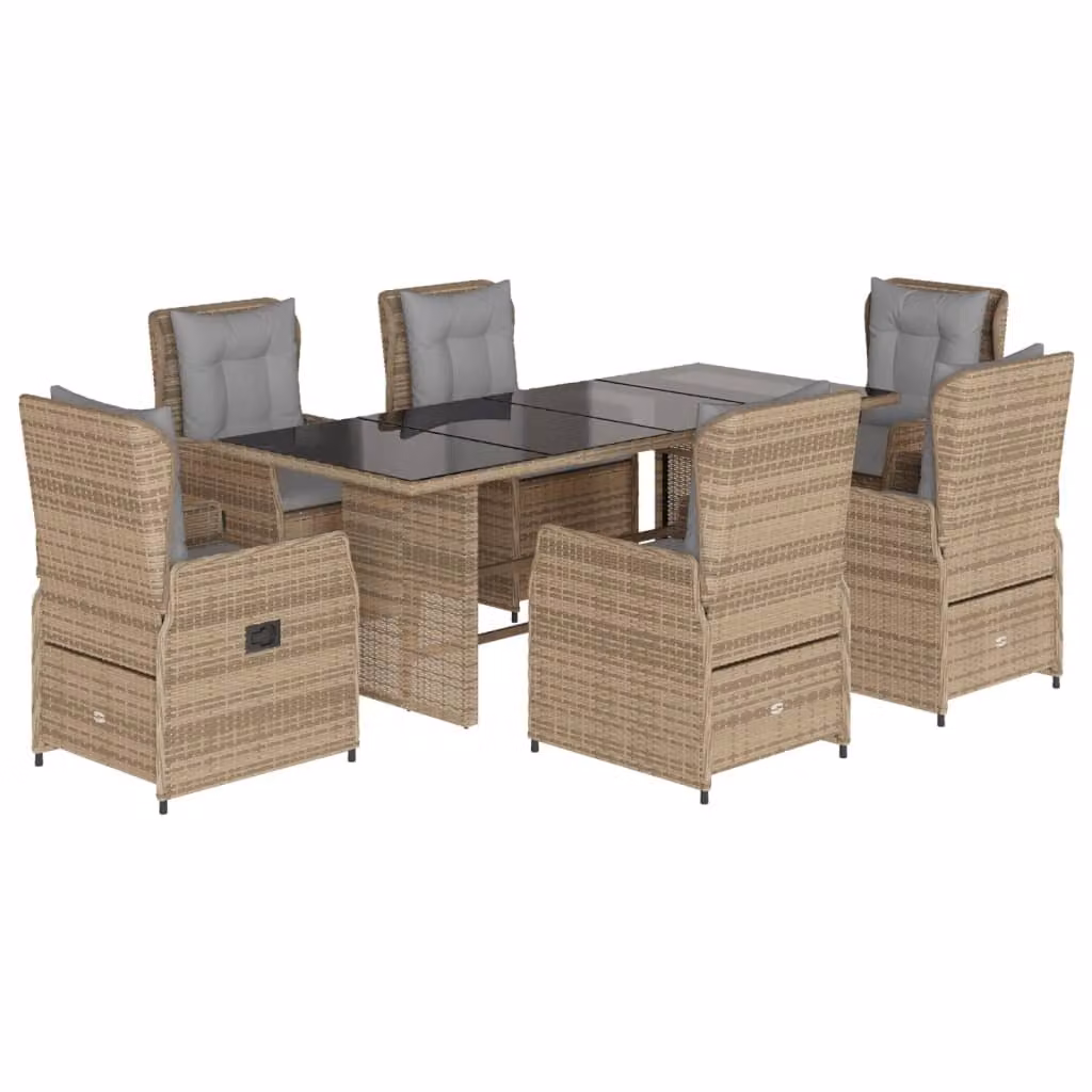 Set da Pranzo da Giardino 7 pz con Cuscini Beige in Polyrattan
