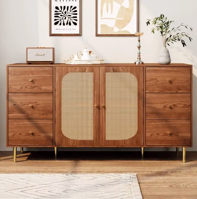 Credenza soggiorno in MDF effetto legno marrone con 6 cassetti e ante in rattan L 160 x P 40 x H 90 cm