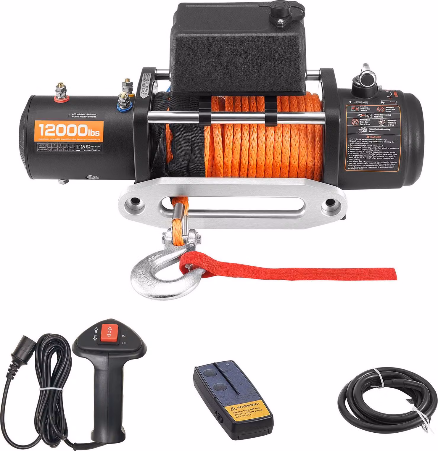 SucceBuy Verricello elettrico a fune, 5400 kg, verricello per veicoli a 12 V DC con cavo sintetico da 9,1 mm x 23 m, telecomando wireless e a filo, IP55 adatto al traino di veicoli fuoristrada, rimorchi e imbarcazioni
