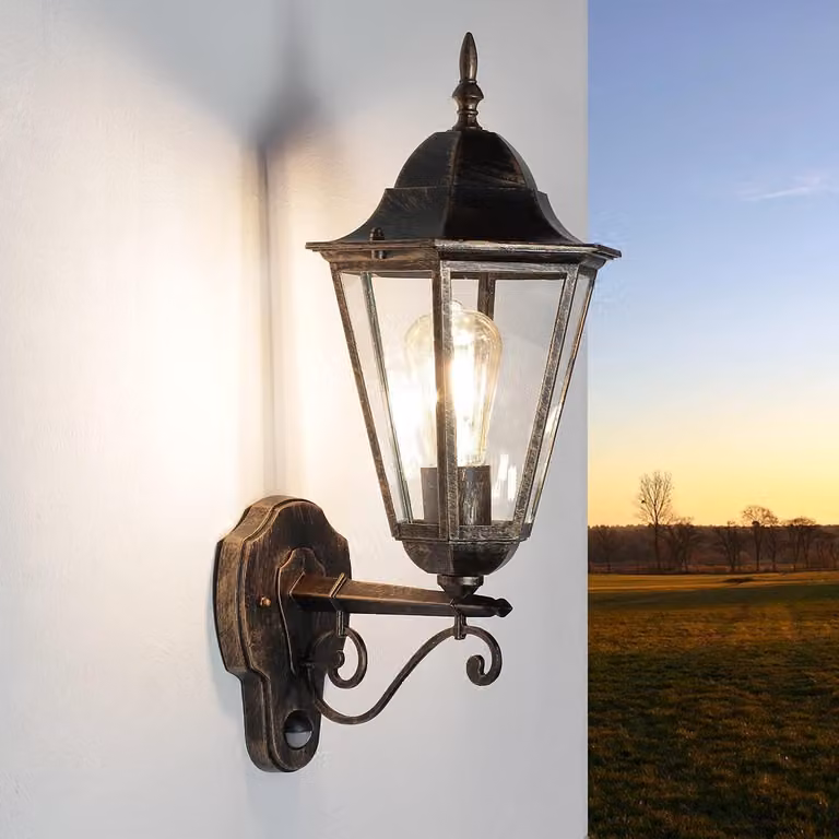 Lampada da parete esterna con sensore di movimento, finitura nero-rame, 20,3 cm, attacco E27, grado di protezione IP44