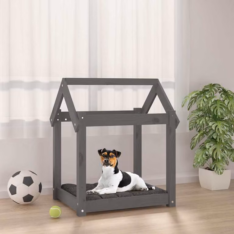Cuccia per cani vidaXL in legno massello di pino, colore grigio, L: 61 cm, P: 50 cm, H: 70 cm