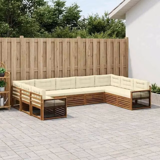 Set di divani da esterno vidaXL in legno di acacia con cuscini, beige e bianco – 1