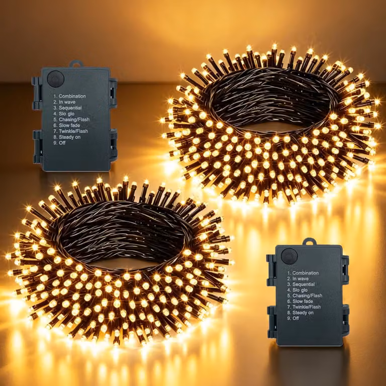 Catena luminosa a LED, 10 metri, 100 LED, luce bianco caldo, confezione da 2, alimentazione a batteria
