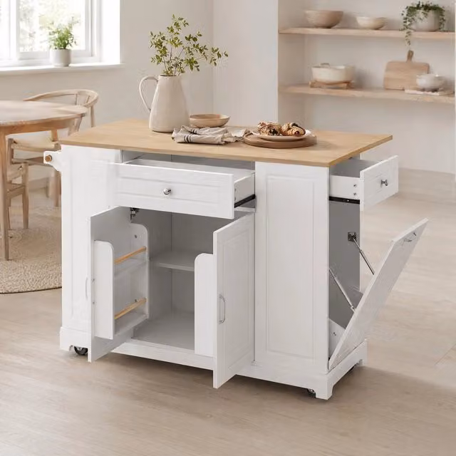 Isola cucina mobile con piano estraibile, cassetti multifunzione e vano portarifiuti, bianco, 131,8x40-70x93,3 cm