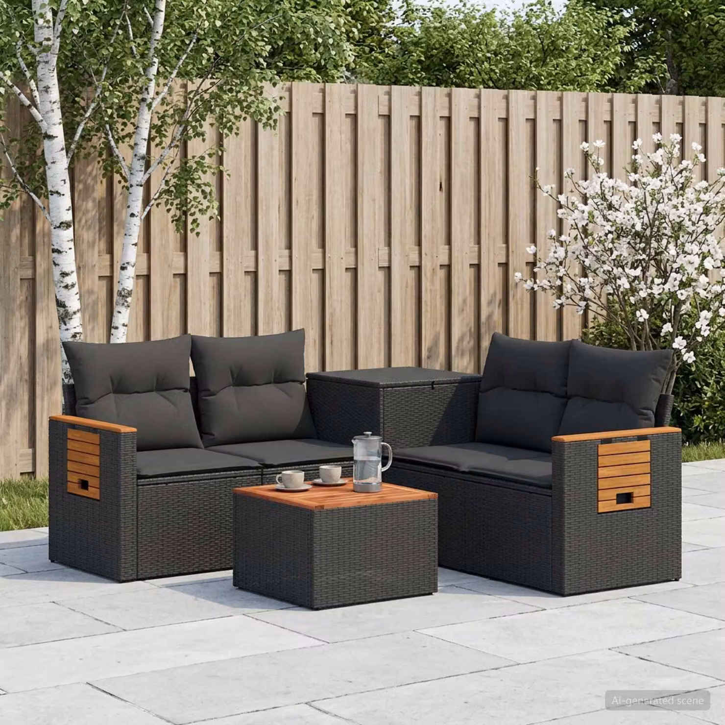 Set da giardino vidaXL composto da 6 pezzi in polyrattan e metallo nero con divani a L, tavolino da caffè e cuscini inclusi