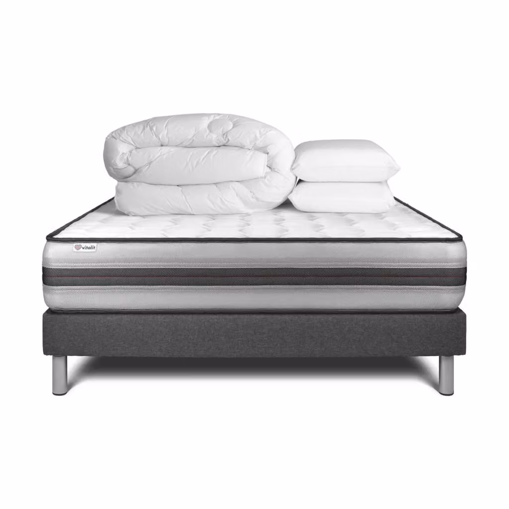 Kit letto completo Vitalpower Recover grigio con materasso hybrid, box spring con doghe, 2 cuscini e piumino, L/P: 200 x 200 cm – 2