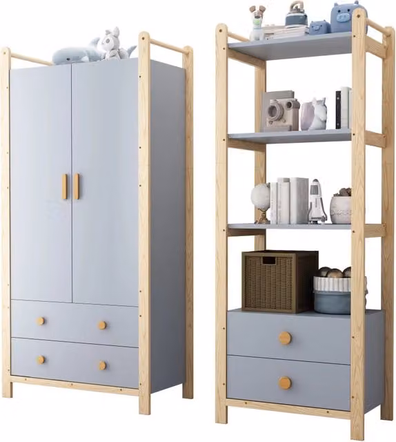 Set guardaroba doppio per bambini con appendiabiti e cassetti, struttura in abete, blu e legno naturale, h 180 cm