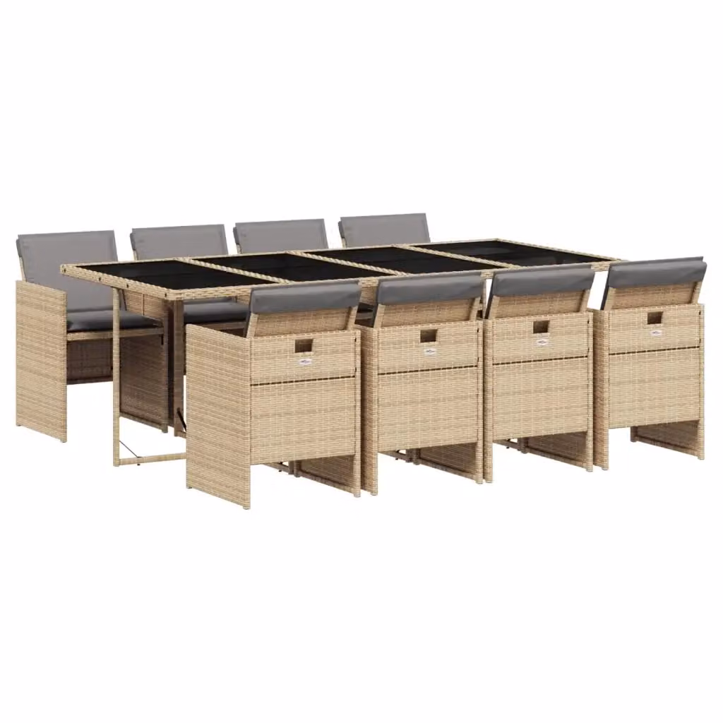 vidaXL Set Pranzo da Giardino 9 pz in Polyrattan con Cuscini Beige e Grigio e Tavolo in Vetro – 2