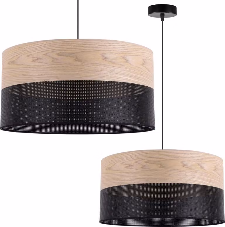 Lampada a sospensione singola, paralume classico impiallacciato rovere, 44 cm