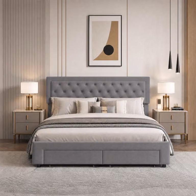 Letto imbottito con boxspring, dimensioni 160x200 cm, con spazio contenitore, letto matrimoniale con 2 cassetti, letto con sistema di sollevamento idraulico, letto per ragazzi con rete a doghe, rivestito in velluto, colore grigio