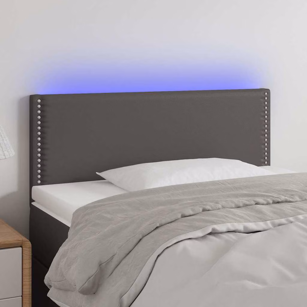 Testiera per letto vidaXL in similpelle grigia con illuminazione LED e porta USB, L 100 cm, P 5 cm, H 78-88 cm