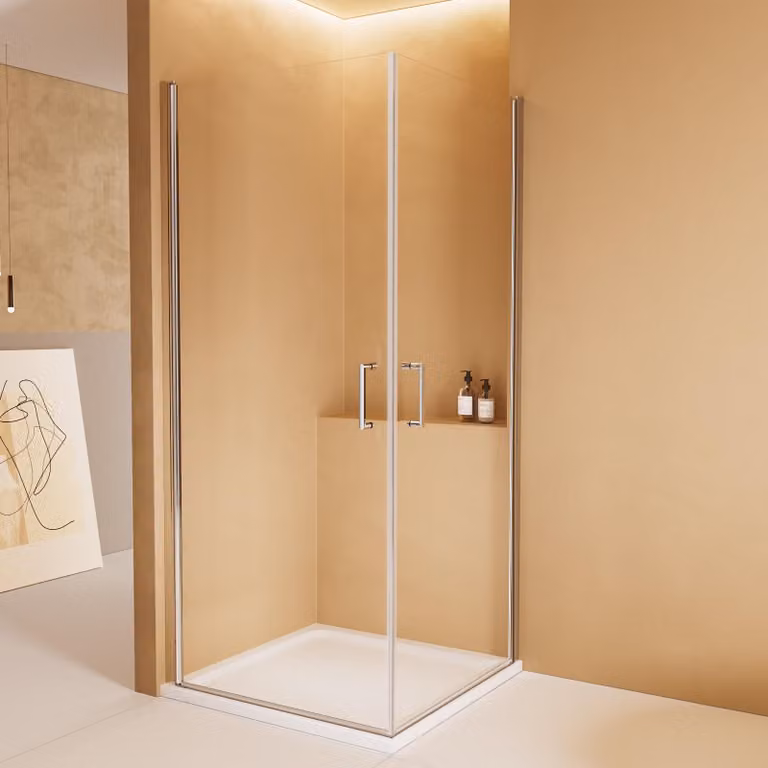 Cabina doccia EMKE 80x80 cm con ingresso angolare e 2 porte a battente, divisorio doccia con rivestimento nano, vetro di sicurezza ESG, funzione di sollevamento/abbassamento, altezza: 195 cm
