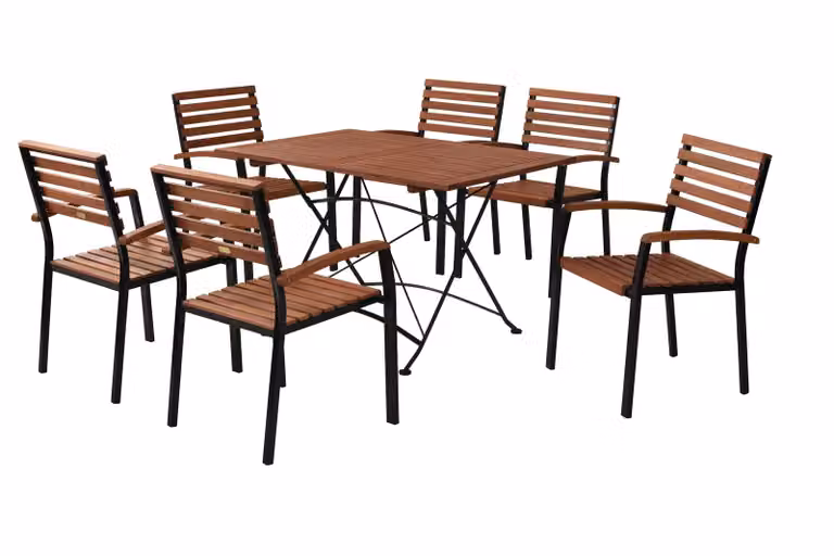 Set di mobili da giardino Merxx Schlossgarten 7 pezzi, 6 sedie impilabili, 1 tavolo pieghevole 120 x 80 cm - acciaio piatto/eucalipto