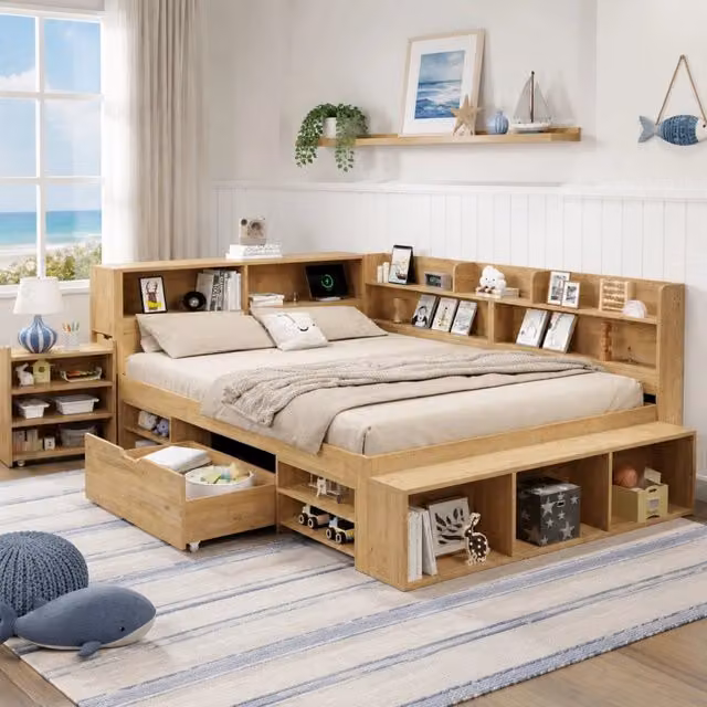 Letto per cameretta ULEVR 140x200 cm con cassetto, librerie e mobili contenitori, finitura naturale