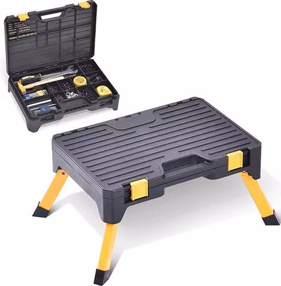 Sgabello da officina Unyqoos® con cassettiera per attrezzi – scaletta pieghevole a 1 gradino, 13 scomparti, 2 serrature, antiscivolo, nero
