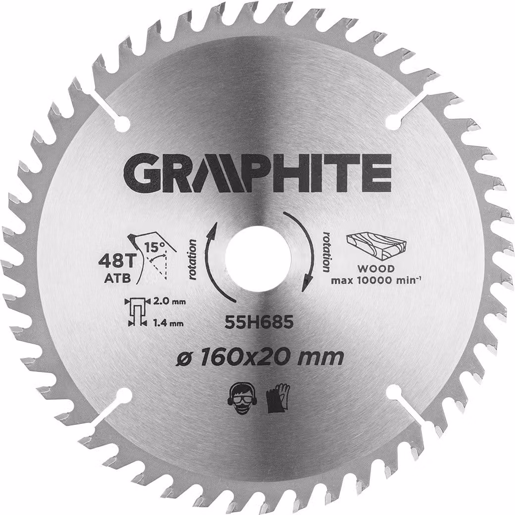 Lama circolare GRAPHITE 160x20 mm, 48 denti.Resistente al Widia, robusta, per il taglio di legno, pannelli truciolari, MDF|anello di riduzione 20mm-> 16 mm
