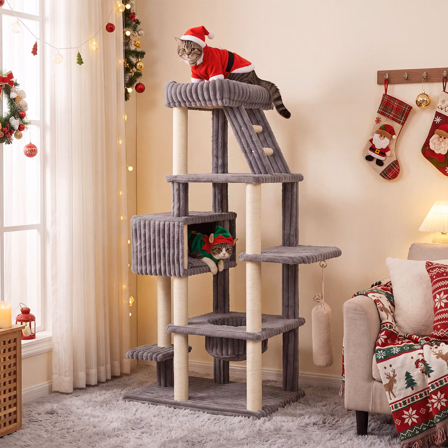 Costway Albero tiragraffi per gatti alto 180 cm design multilivelli, Torre per gatti grande con amaca e cuccia pali in sisal sacchetto sospeso Grigio
