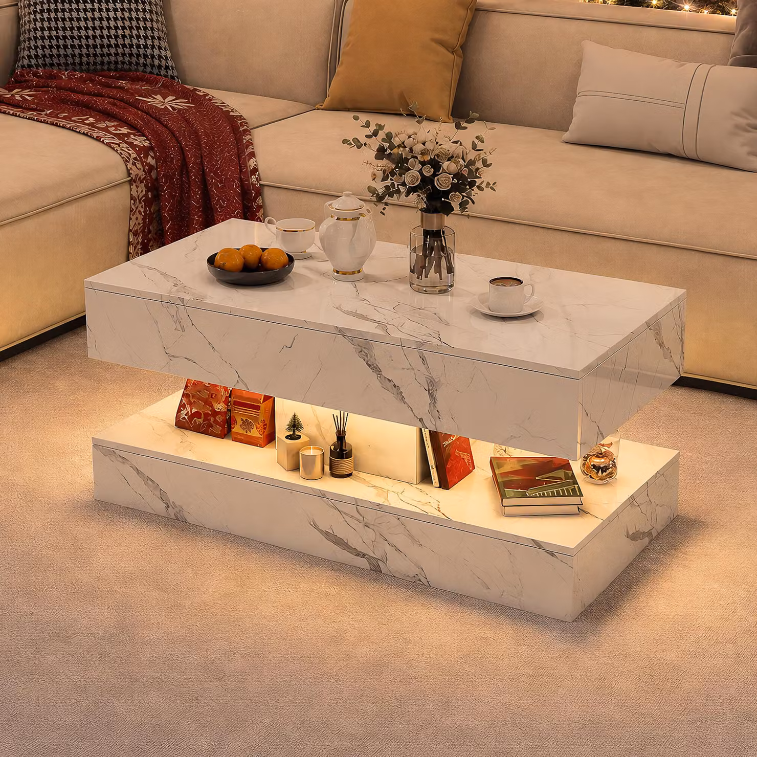 Tavolino UnboxG, dimensioni 100x50 cm, aspetto marmo, con illuminazione LED, 2 cassetti, vano aperto e superficie lucida