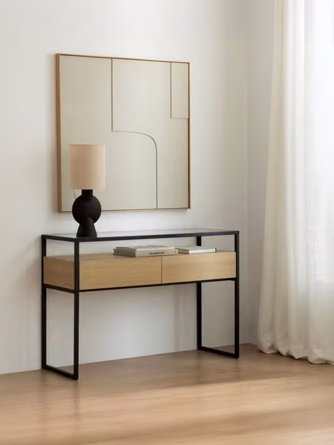 Console Cassia Kenay Home nera e naturale con 2 cassetti e piano in vetro