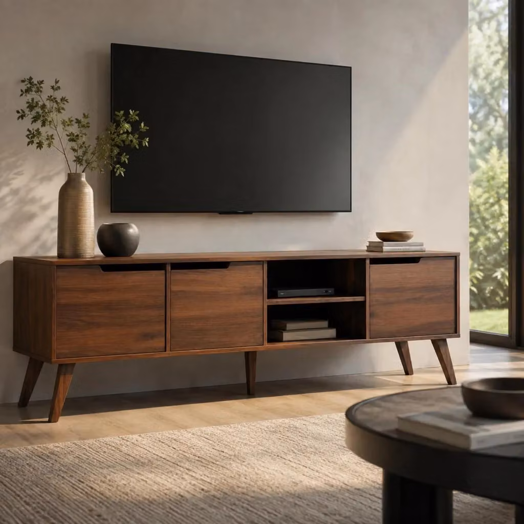 Mobile TV MEGAOFFERTE in melaminico color noce con 3 ante e 2 vani a giorno design scandinavo moderno L/P/H: 180 x 40 x 55 cm – 2