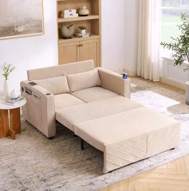 Divano letto trasformabile 3 in 1 con porte USB; struttura in legno e tessuto beige HOMVRA