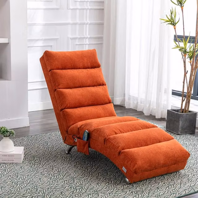 Chaise longue relax arancione in lino con vibrazione delicata e tasca laterale