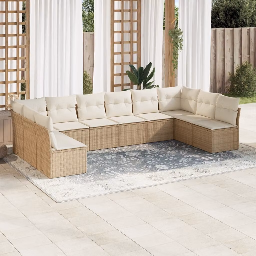 vidaXL Set Divano da Giardino 10 pz a forma di U con Cuscini Beige e Struttura in Metallo e Polyrattan – 1