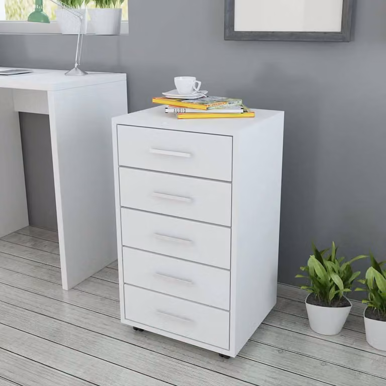 vidaXL Cassettiera da Ufficio Bianca con 5 Cassetti e Rotelle L: 33 cm, P: 38 cm, H: 63 cm