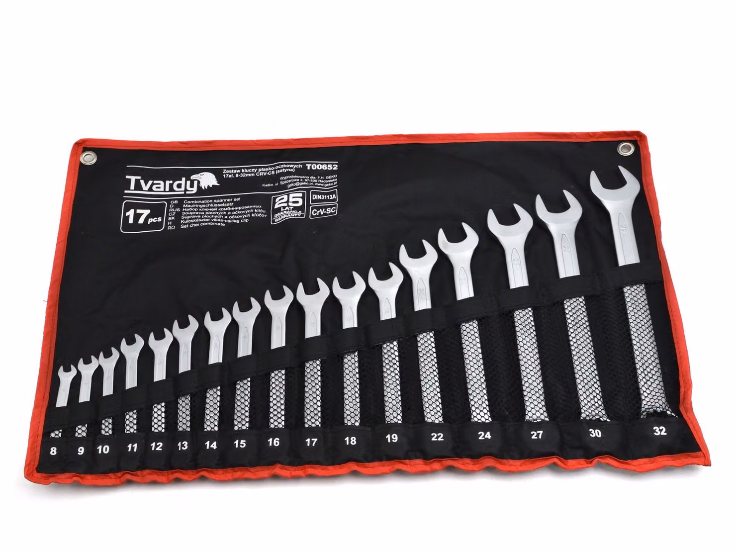 Set di chiavi combinate da 17 pezzi, 8-32 mm, in acciaio CRV forgiato a freddo, finitura satinata opaca, conservazione semplice, ideale per professionisti e amanti del fai da te.