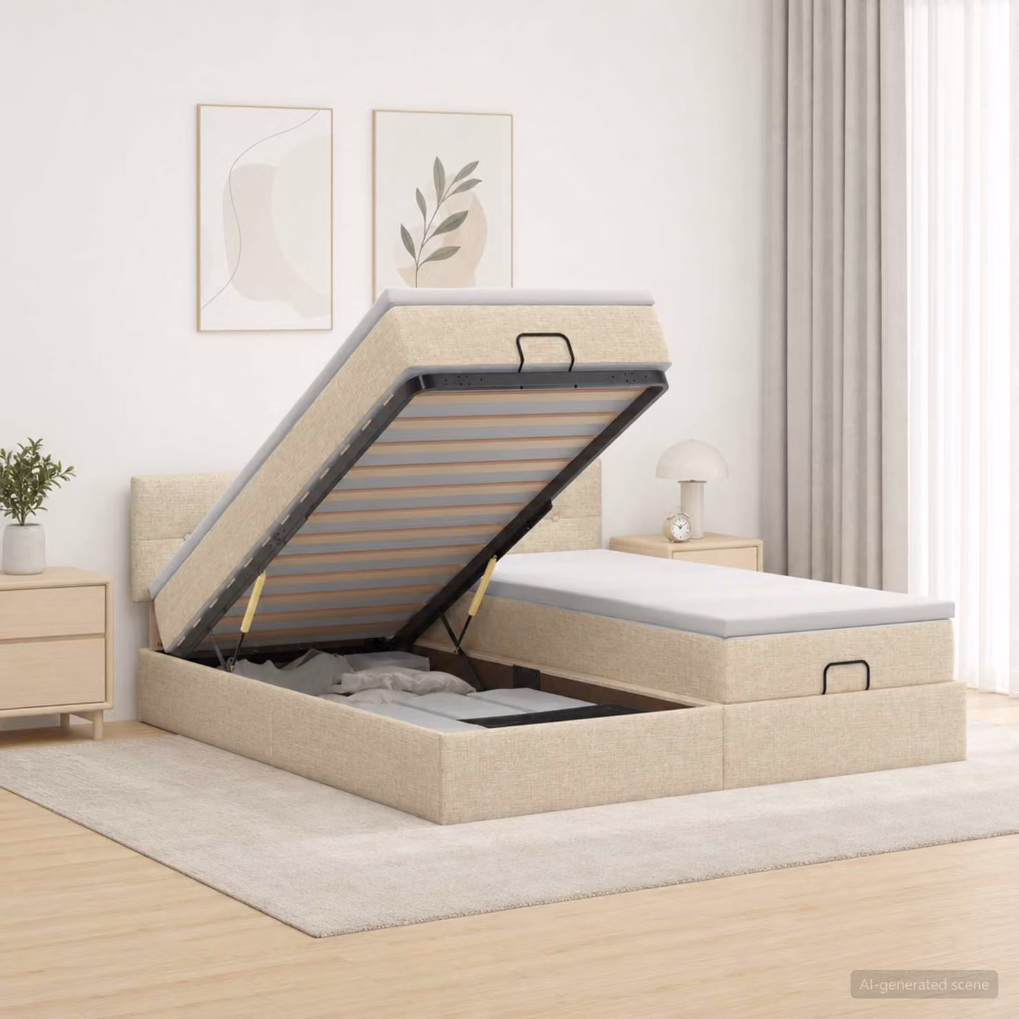 Letto Ottomano con Materasso vidaXL in Tessuto Beige con Illuminazione LED e Porte USB L/P/H: 200 x 200 x 88 cm