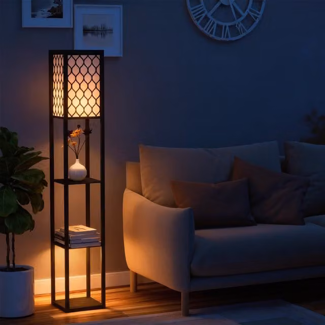 Lampada da terra con ripiani HOMCOM in bianco e nero, L/P/H: 26 x 26 x 160 cm