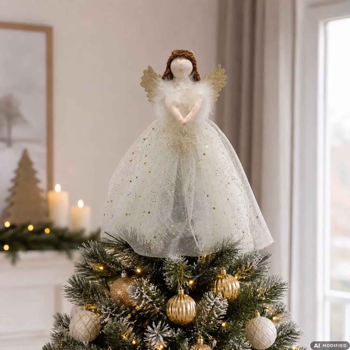 Puntale per Albero di Natale Vestiamo Casa Gran Natale Angelo in Tessuto Bianco con Ali Dorate, Altezza: 30 cm – 2