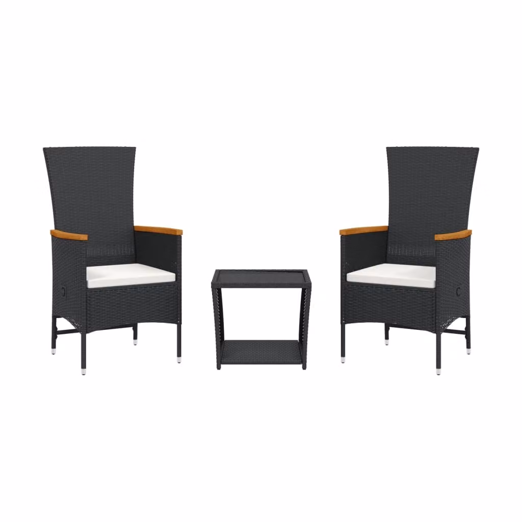 Set da Pranzo da Giardino 3 pz con Cuscini Nero in Polyrattan