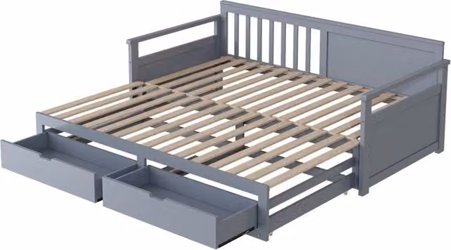 Letto Daybed Multifunzionale 90/180 x 190 cm in Pino con Cassetti e Letto Estraibile Grigio