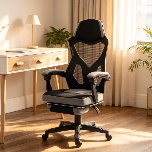 Sedia da ufficio ergonomica da gaming grigia e nera con schiuma ad alta densità e schienale alto