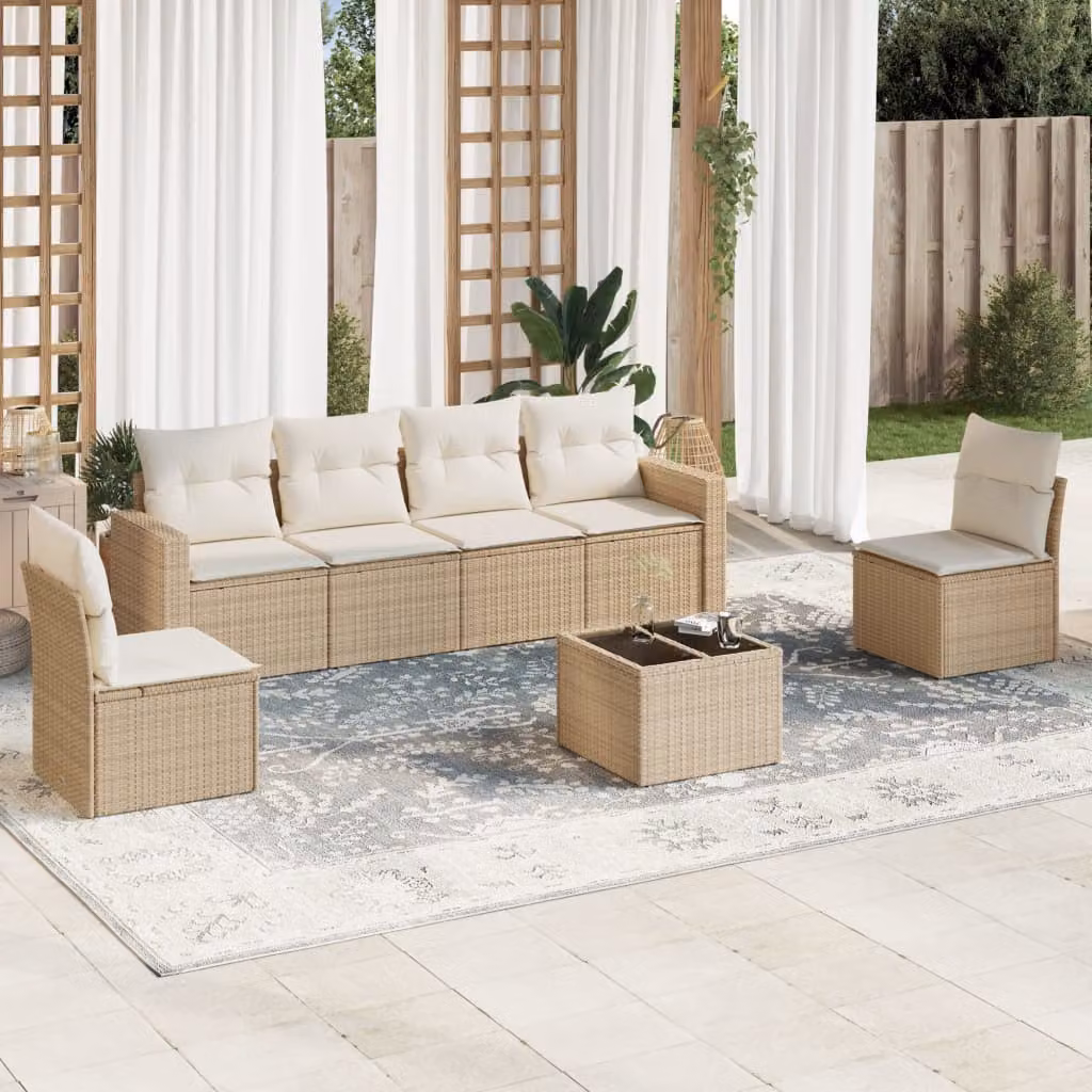 Set di divani da giardino vidaXL 7 pz in polyrattan beige con cuscini e tavolino da esterno – 1