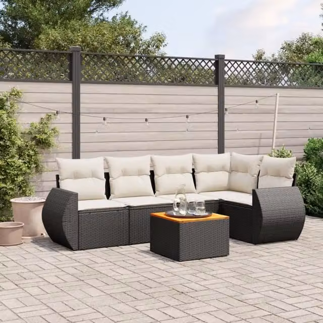Set Divano da Giardino 6 pz con Cuscini Nero in Polyrattan 3224992