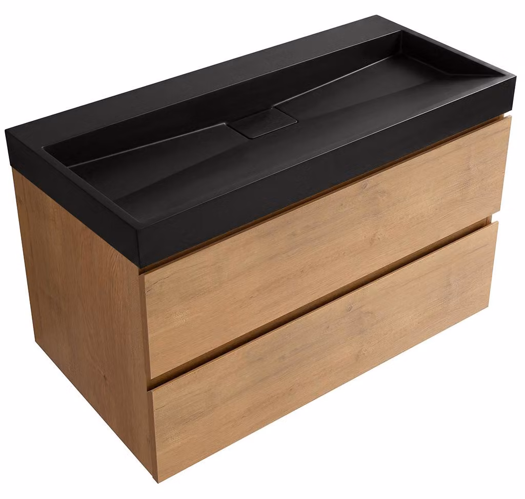 Mobile bagno Carole - impiallacciatura di faggio miele + lavabo in marmo artificiale Vita - nero opaco - 100x58x46 cm