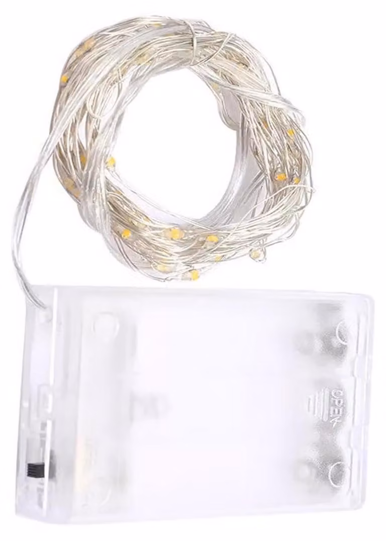 Catena luminosa a LED, 5 metri, luce bianco caldo, alimentazione a batteria (3 batterie AA), materiale: PVC/rame