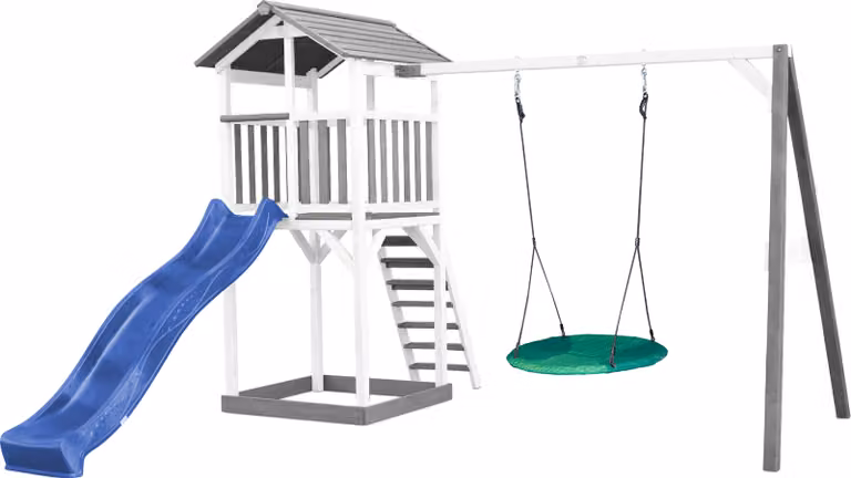 AXI Beach Tower Parco giochi in legno in grigio e bianco | Torre di gioco per bambini con sabbiera, altalena a nido e scivolo blu | Casa per bambini su palafitte per il giardino