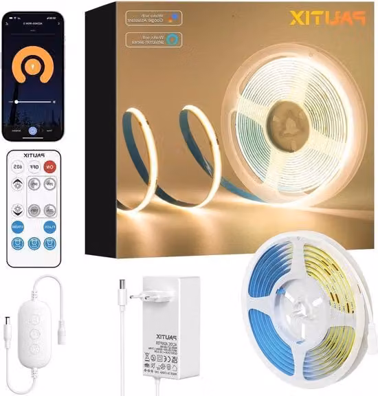 Striscia LED Smart WiFi 24V con Alimentatore, Luce Bianca Calda 2700K, 5 m, 480 LED/m, Regolabile con Alexa e Google Assistant, Comando a Distanza RF, CRI90+ per Decorazione Casa