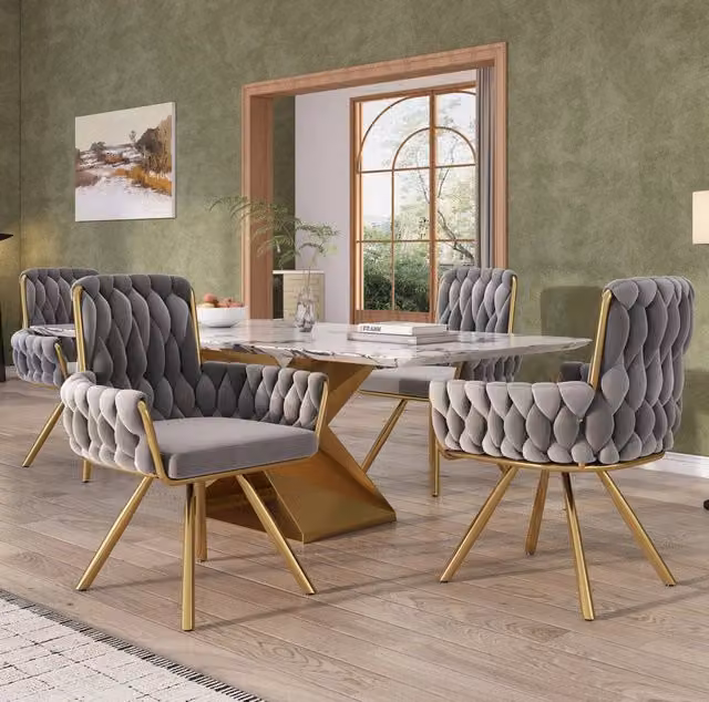 Set di 4 sedie da pranzo girevoli a 360° in velluto grigio con braccioli e struttura in metallo